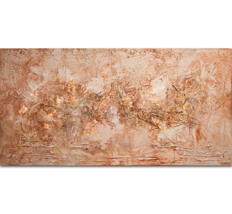 May include: Abstract textured painting with a neutral color palette. The artwork features a blend of beige, brown, and gold tones, with visible brushstrokes and layered textures. The piece has a horizontal orientation and a rough, tactile appearance.