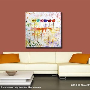 May include: Abstract painting of colourful flowers on a white background. The flowers are painted in shades of red, orange, yellow, green, blue, and purple. The background is a textured white with hints of yellow and orange.