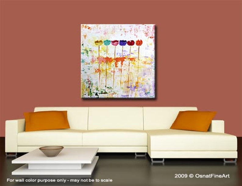 May include: Abstract painting of colourful flowers on a white background. The flowers are painted in shades of red, orange, yellow, green, blue, and purple. The background is a textured white with hints of yellow and orange.
