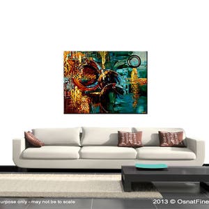 May include: Abstract painting with a mix of teal, blue, gold, and brown colors. The painting features overlapping circles and geometric shapes.