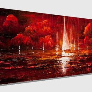 May include: An abstract painting of a seascape with sailboats. The artwork features a vibrant color palette dominated by shades of red and white, creating a dramatic and atmospheric scene. The painting is on a rectangular canvas.