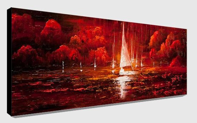 May include: An abstract painting of a seascape with sailboats. The artwork features a vibrant color palette dominated by shades of red and white, creating a dramatic and atmospheric scene. The painting is on a rectangular canvas.
