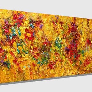 May include: Abstract painting with a textured, impasto style. The painting features a vibrant yellow background with splashes of red, blue, green, and purple. The colors are blended together to create a sense of movement and energy.