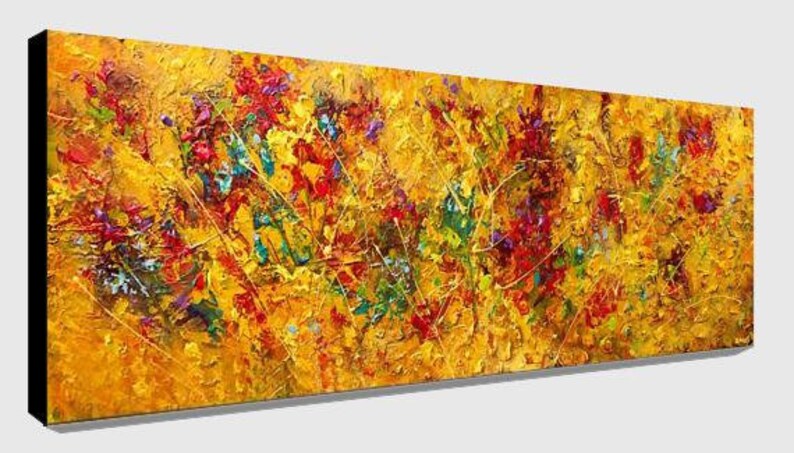 May include: Abstract painting with a textured, impasto style. The painting features a vibrant yellow background with splashes of red, blue, green, and purple. The colors are blended together to create a sense of movement and energy.