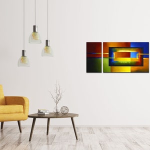 May include: Abstract art print with four panels featuring geometric shapes in shades of green, yellow, orange, red, and blue. The panels are arranged horizontally and depict a series of overlapping squares and rectangles.
