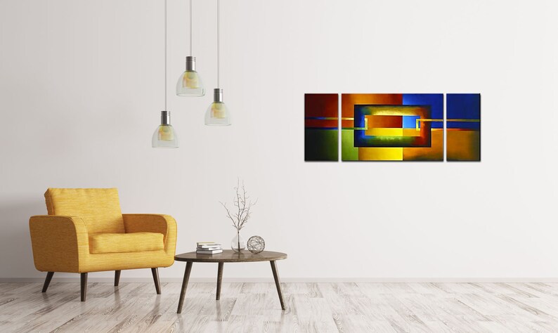 May include: Abstract art print with four panels featuring geometric shapes in shades of green, yellow, orange, red, and blue. The panels are arranged horizontally and depict a series of overlapping squares and rectangles.