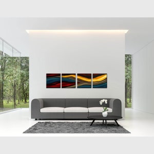 May include: A modern living room with a gray sofa and a coffee table. The wall behind the sofa has four abstract paintings with a blue, red, yellow, and gold color scheme.