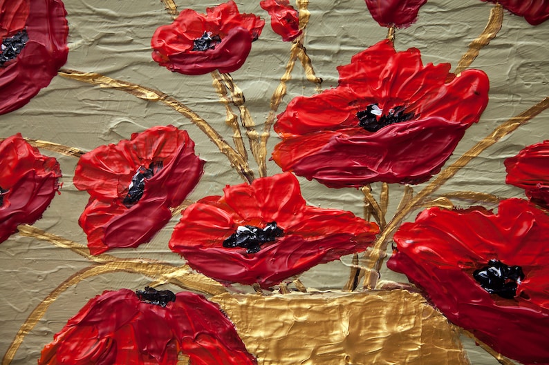 May include: A close-up of a painting of red poppies in a gold vase. The poppies are painted with thick, textured strokes of paint, giving them a three-dimensional appearance. The background is a light green color.