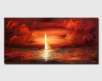 Sailboat art stormy sky red cloud Abstract Seascape Painting on Canvas home decor - CUSTOM ART