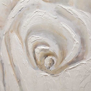 May include: Abstract painting in white and beige tones. The artwork features a large, textured flower with a swirling pattern.