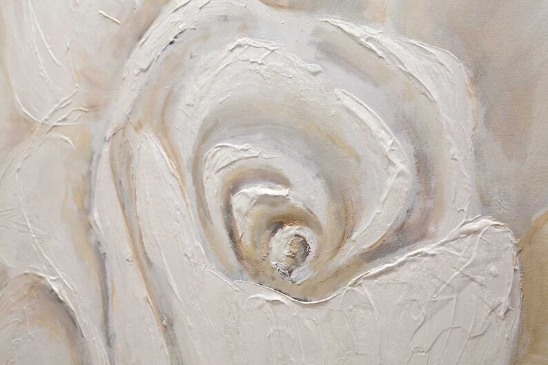May include: Abstract painting in white and beige tones. The artwork features a large, textured flower with a swirling pattern.