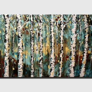 Teal Birch Tree Painting: 3D Abstract Forest Wall Art - Custom