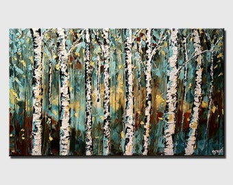 Teal Birch Tree Painting: 3D Abstract Forest Wall Art - Custom