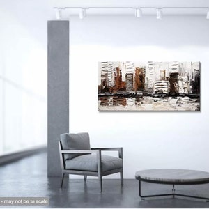 May include: Abstract painting of a city skyline in shades of brown, gray, and white. The painting is displayed on a white wall in a modern interior setting.