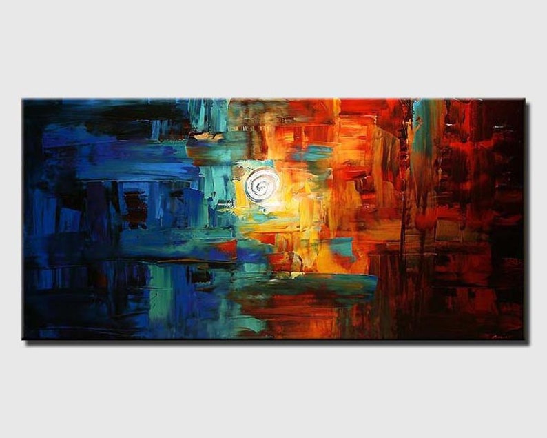 May include: Abstract painting with bold strokes of blue, red, orange, and yellow. The painting features a white circle in the center.