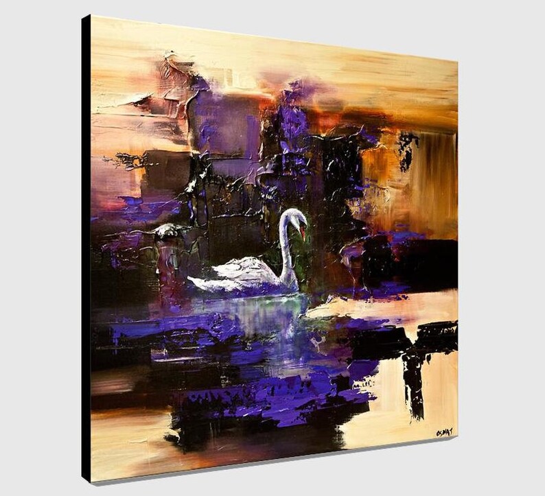 May include: Abstract painting of a white swan swimming in a purple and brown landscape. The swan is in the center of the painting and is facing the right side of the canvas. The background is a mix of purple, brown, and black colors.