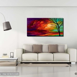 May include: Abstract painting of a colorful sunset with a silhouette of a tree in the foreground. The sky is a mix of purple, orange, red, and yellow. The tree is black against the bright sky.