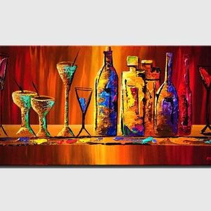 May include: Abstract painting of a bar scene with colorful bottles and glasses. The bottles are various shapes and sizes and are painted in shades of blue, purple, and yellow. The glasses are filled with colorful liquids and are painted in shades of green, blue, and red. The background is a warm orange and red.