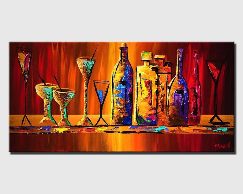 May include: Abstract painting of a bar scene with colorful bottles and glasses. The bottles are various shapes and sizes and are painted in shades of blue, purple, and yellow. The glasses are filled with colorful liquids and are painted in shades of green, blue, and red. The background is a warm orange and red.