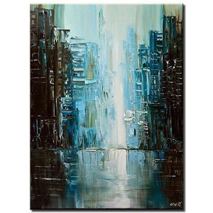 Textured Teal Abstract Cityscape Painting: Modern Living Room Wall Art