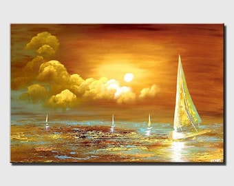 Sailboat in ocean art on canvas original textured seascape painting, modern sailing wall art  - CUSTOM ART