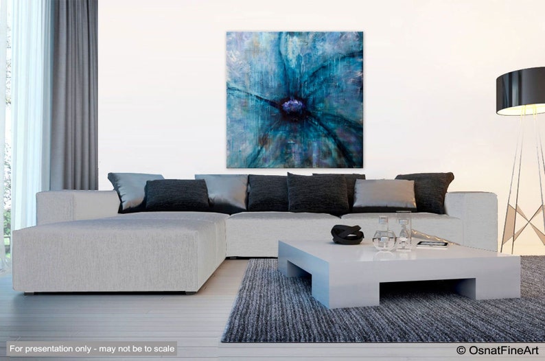 Pintura original de flores abstractas azules, decoración del hogar moderna con textura ARTE PERSONALIZADO imagen 3