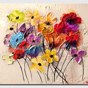 May include: A colorful abstract painting of a bouquet of flowers in shades of red, yellow, blue, purple, and green. The flowers are painted with thick, textured strokes, giving the painting a three-dimensional effect. The background is a light cream color.