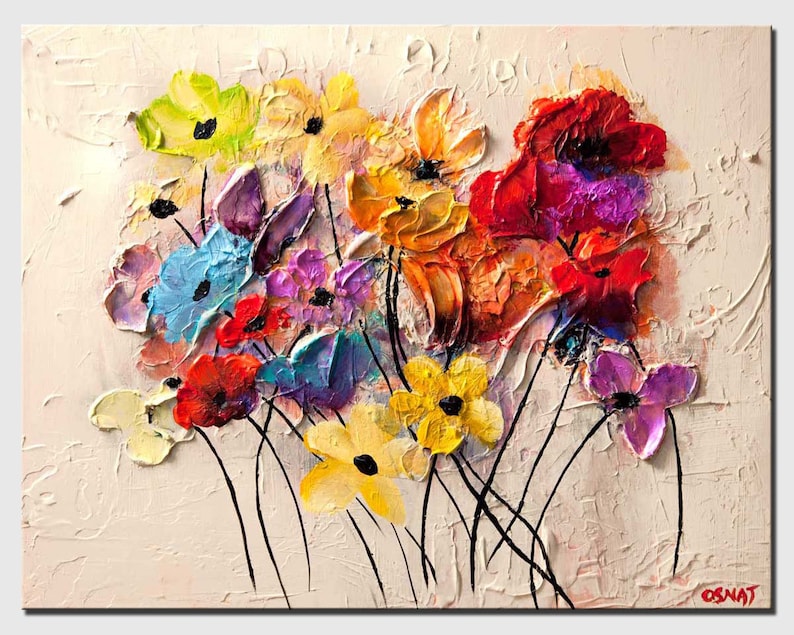 May include: A colorful abstract painting of a bouquet of flowers in shades of red, yellow, blue, purple, and green. The flowers are painted with thick, textured strokes, giving the painting a three-dimensional effect. The background is a light cream color.