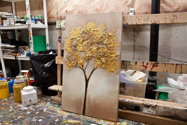 Textured Tree Painting Gold Abstract Tree Painting Blooming Etsy