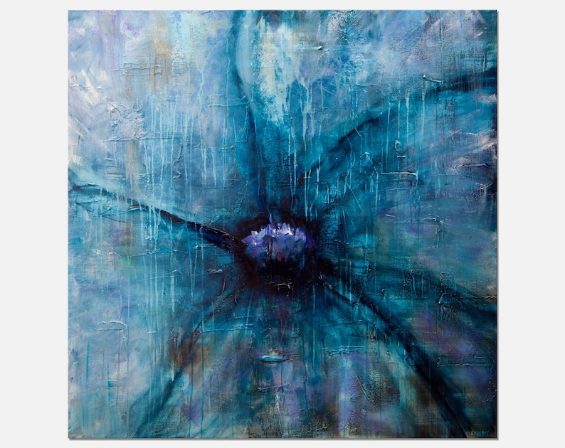 Pintura original de flores abstractas azules, decoración del hogar moderna con textura ARTE PERSONALIZADO imagen 1