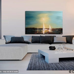 May include: A painting of a seascape with three sailboats in the distance. The sky is a light blue with a yellow sun shining through the clouds. The water is a dark blue with a light brown sandy beach in the foreground.