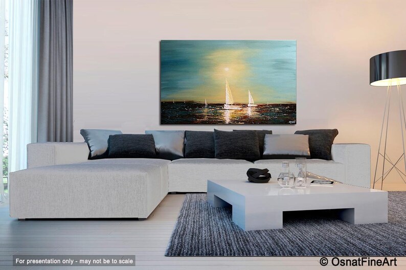 May include: A painting of a seascape with three sailboats in the distance. The sky is a light blue with a yellow sun shining through the clouds. The water is a dark blue with a light brown sandy beach in the foreground.