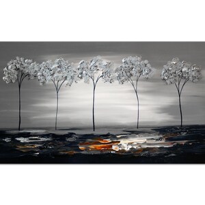 May include: Abstract painting of a gray landscape with a row of silver trees and a dark, textured foreground with hints of orange and brown.