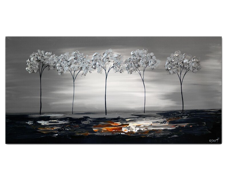 May include: Abstract painting of a gray landscape with a row of silver trees and a dark, textured foreground with hints of orange and brown.