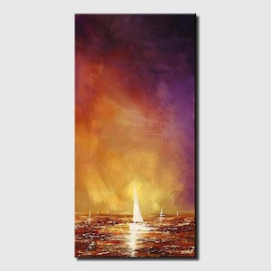 May include: Abstract painting of a sunset over the ocean with sailboats on the water. The sky is a mix of orange, yellow, and purple. The water is a dark blue with a golden reflection of the sun.