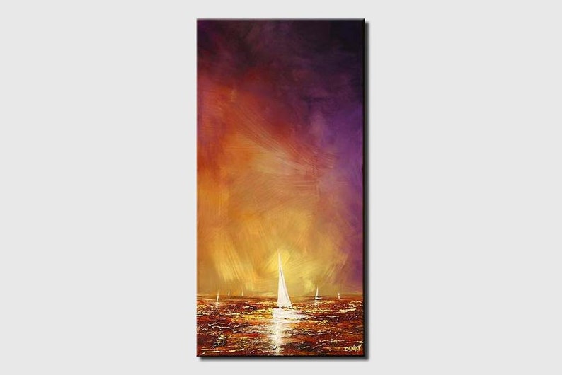 May include: Abstract painting of a sunset over the ocean with sailboats on the water. The sky is a mix of orange, yellow, and purple. The water is a dark blue with a golden reflection of the sun.