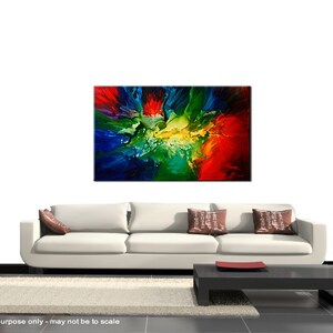 May include: Abstract painting with vibrant colors of red, yellow, green, and blue. The colors are blended together in a swirling pattern, creating a dynamic and energetic composition.