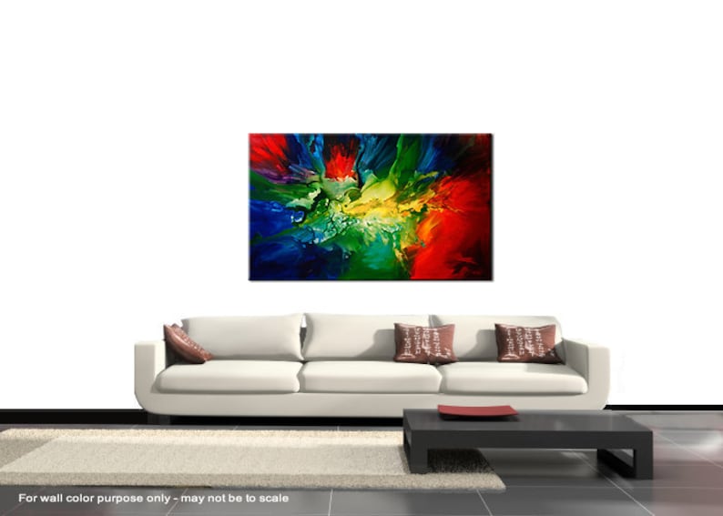 May include: Abstract painting with vibrant colors of red, yellow, green, and blue. The colors are blended together in a swirling pattern, creating a dynamic and energetic composition.