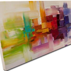 May include: Abstract painting with a colorful geometric design. The painting features a variety of colors, including yellow, orange, red, purple, blue, and green. The colors are applied in thick strokes, creating a textured effect.