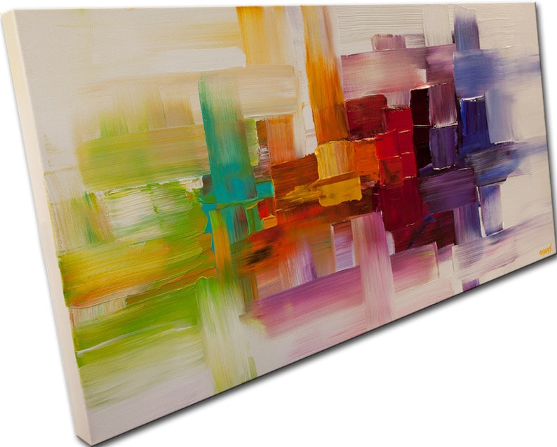 May include: Abstract painting with a colorful geometric design. The painting features a variety of colors, including yellow, orange, red, purple, blue, and green. The colors are applied in thick strokes, creating a textured effect.
