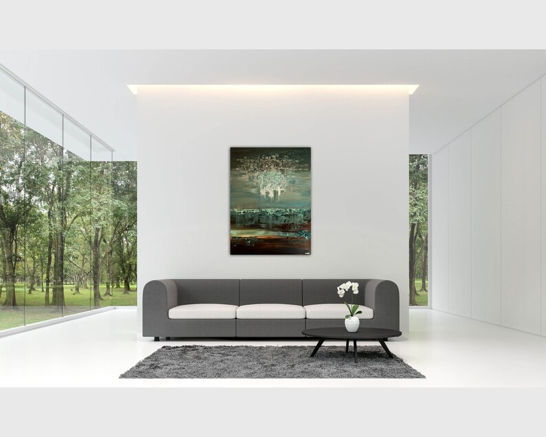 Textured Abstract Landscape Painting: Green Brown Canvas Art image 6