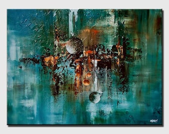 Large Abstract Painting, Teal Modern Wall Art on Canvas,  Original Textured Abstract Art for Living Room  - CUSTOM ART