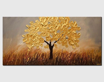 Gold Textured Tree Painting: Modern Abstract Wall Art on Canvas