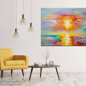 May include: Abstract painting of a colorful sunset over a body of water. The painting features shades of purple, pink, orange, yellow, and blue. The sun is depicted as a bright yellow circle with orange and red rays.