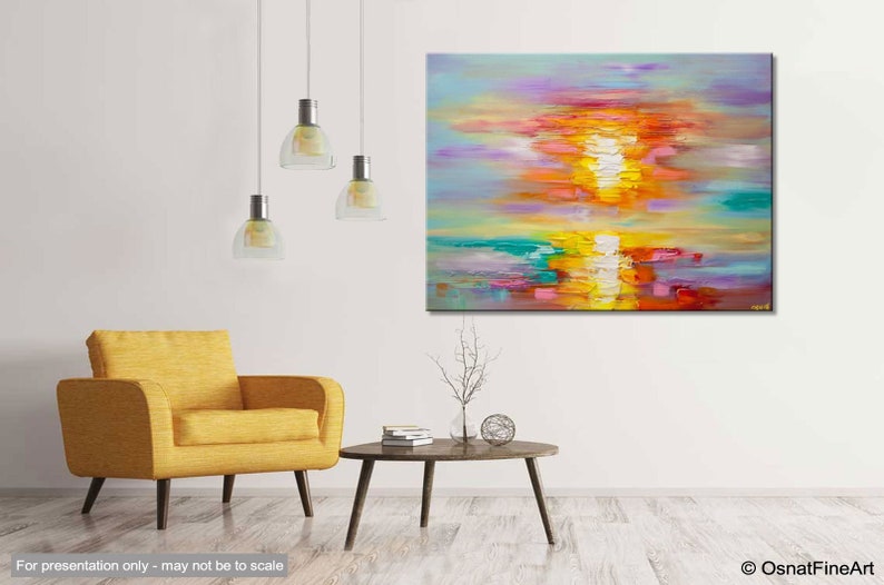 May include: Abstract painting of a colorful sunset over a body of water. The painting features shades of purple, pink, orange, yellow, and blue. The sun is depicted as a bright yellow circle with orange and red rays.