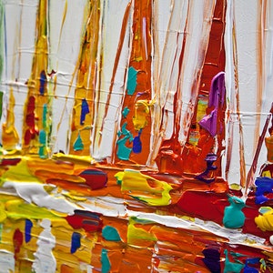 May include: Abstract painting of sailboats in a harbor. The painting is done in a thick impasto style with bright colors, including red, orange, yellow, green, blue, and purple.