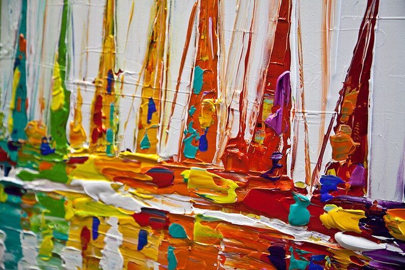 May include: Abstract painting of sailboats in a harbor. The painting is done in a thick impasto style with bright colors, including red, orange, yellow, green, blue, and purple.