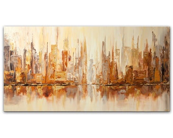Textured Gold Cityscape Painting: Modern Abstract Wall Art