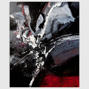 May include: Abstract painting with black, white, and red paint. The painting has a textured surface and a bold, dynamic style.