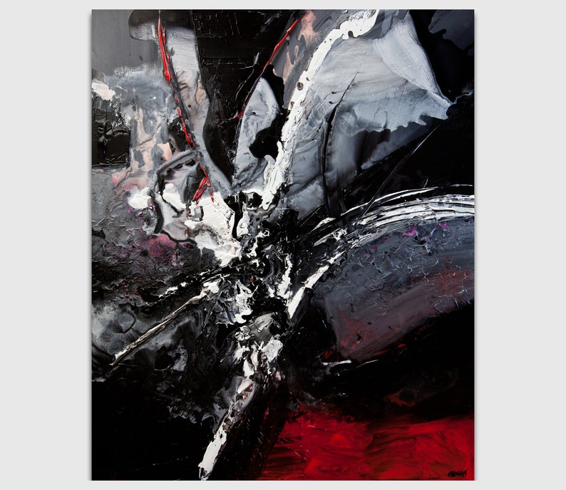 May include: Abstract painting with black, white, and red paint. The painting has a textured surface and a bold, dynamic style.